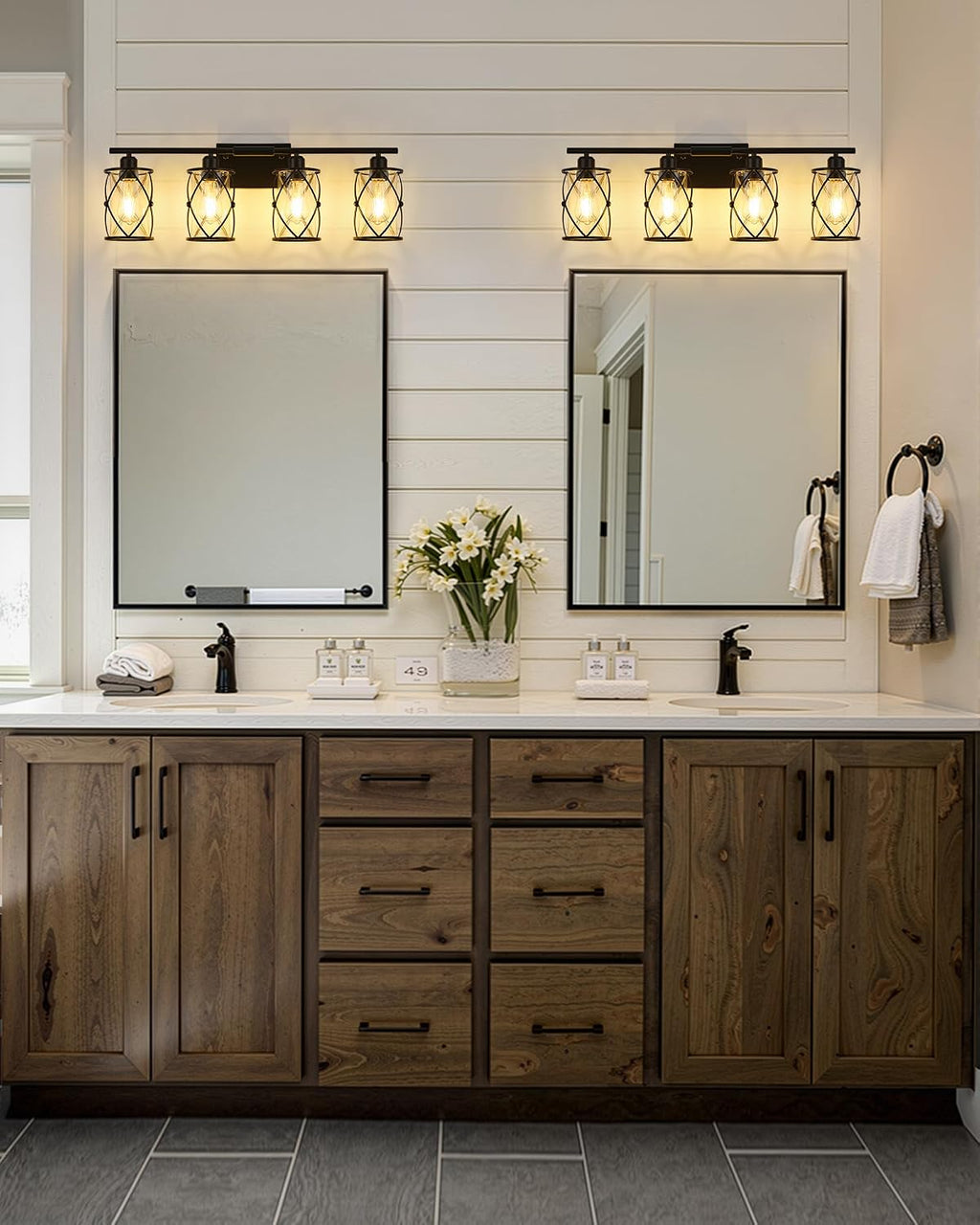 4-Light Black Bathroom Light Fixtures, 29 Inch Modern Bathroom Vanity Lighting Fixtures Over Mirror with Clear Glass and Metal Cage Wall Sconce Lights for Bath, E26, CH9176BK-4W