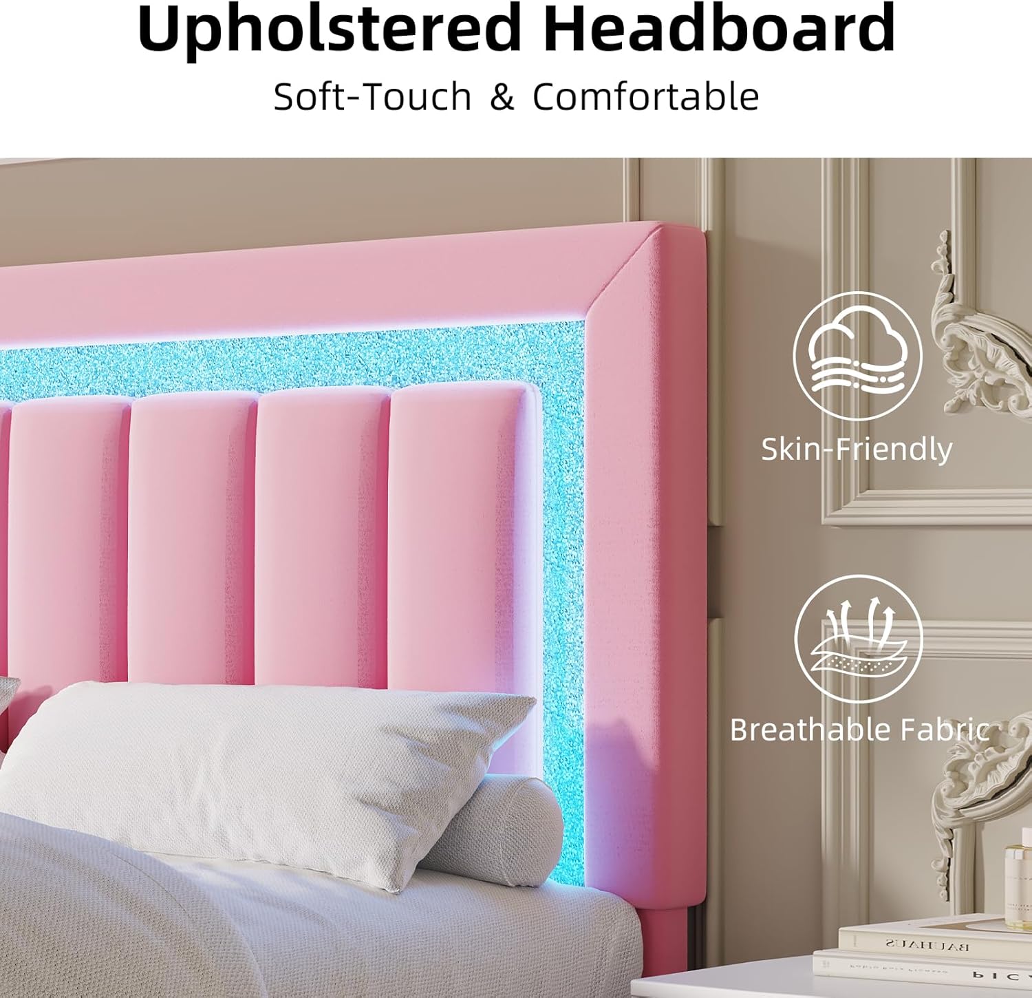 HOMBCK Twin Bed Frames for Kids, Twin Size Bed Frame with LED Lights and Velvet Upholstered Adjustable Headboard, Princess Diamond Design, Wooden Slats Support, Noise Free, No Box Spring Needed, Pink