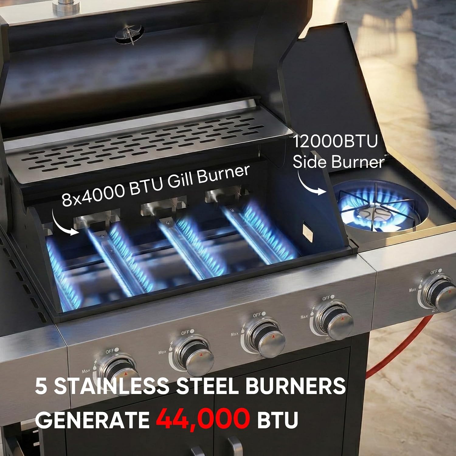 Belord 4-Burner Propane Gas Grills with Side Burner, 44000 BTU Output Stainless Steel Burner Barbecue Grill with Cast Iron Grate & Side Tables, Gas BBQ Grill Propane for Patio Picnic, Outdoor Cooking