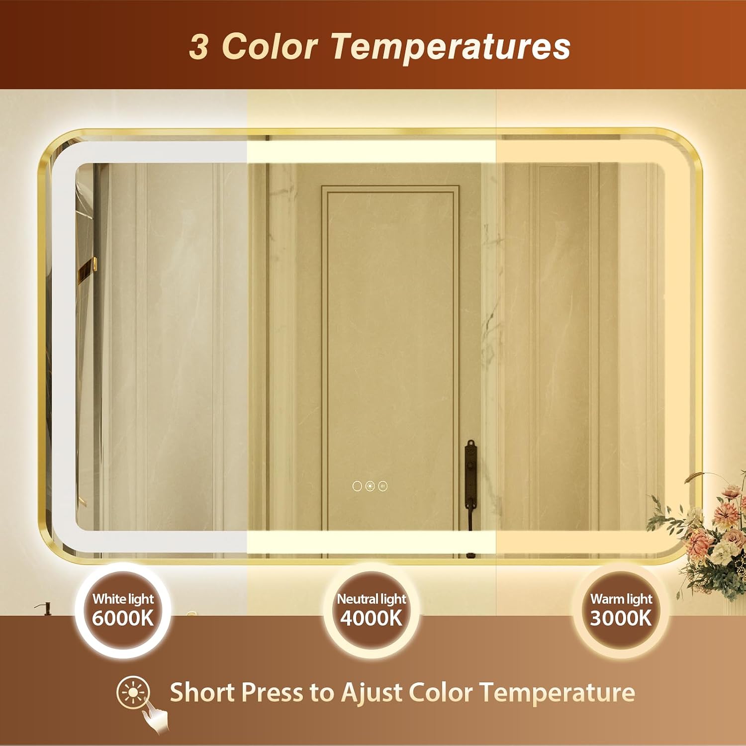 32x55 Inch LED Bathroom Mirror with Gold Frame,Front and Backlit Vanity Mirror,Tempered Glass,Stepless Dimmable Wall Mirrors with Anti-Fog, 3 Colors, Memory, Waterproof, LED Smart Bathroom Mirror