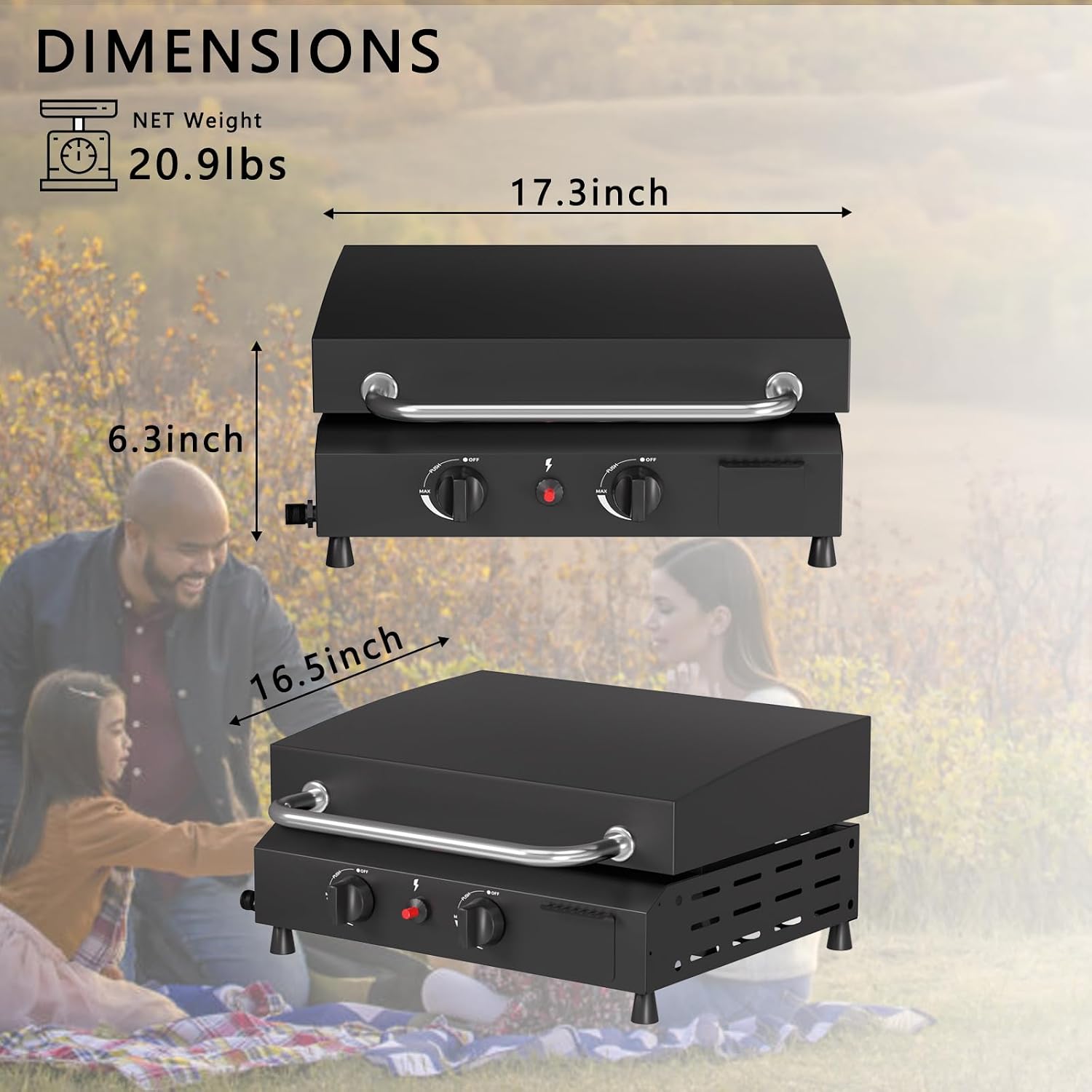 SKOK 2 Burner Gas Griddle with Hood- 17 Inch Outdoor Propane Griddle-30000 BTU Propane Fuelled, Portable Flat Top Gas Grill Camping Griddle with Lid for Kitchen, Outdoor BBQ