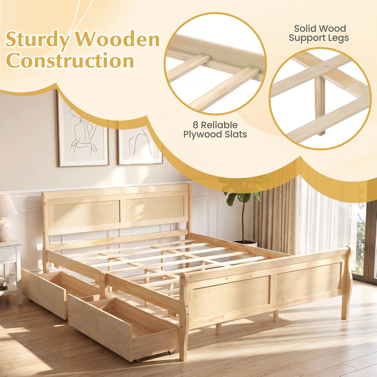 Giantex Queen Bed Frame with 2 Storage Drawers, Wood Platform Bed w/Headboard & Footboard, Wooden Slats Support Mattress Foundation, Sleigh Bedframe for Teens Adults, No Box Spring Needed (Natural)