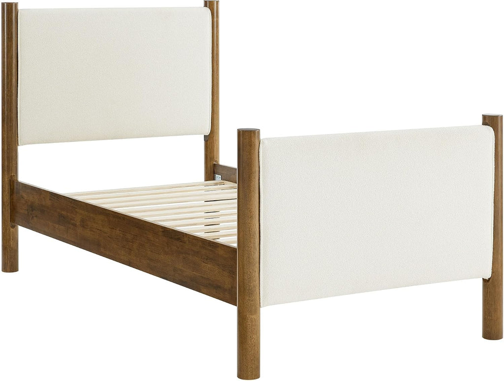 Modway Maven Twin Size Bed Frame in Feather Walnut with Upholstered Boucle Headboard and Footboard – Wood Twin Platform Bed Frame – No Box Spring Needed