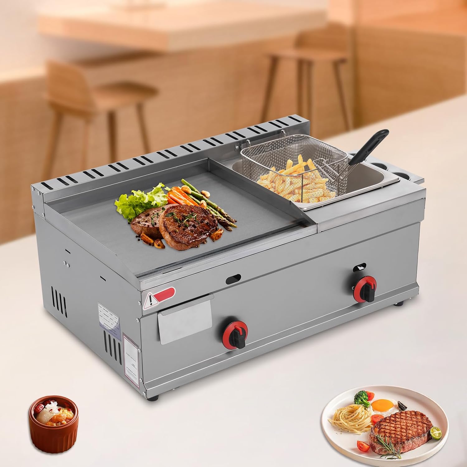 Commercial Flat Top Countertop Gas Griddle, 2.64 Gal 2-in-1 Stainless Steel BBQ Hot Plate Grill and Deep Fryer with Oil Draining Basket for Restaurants, Kitchen, Fast Food Shops, Snack Bars