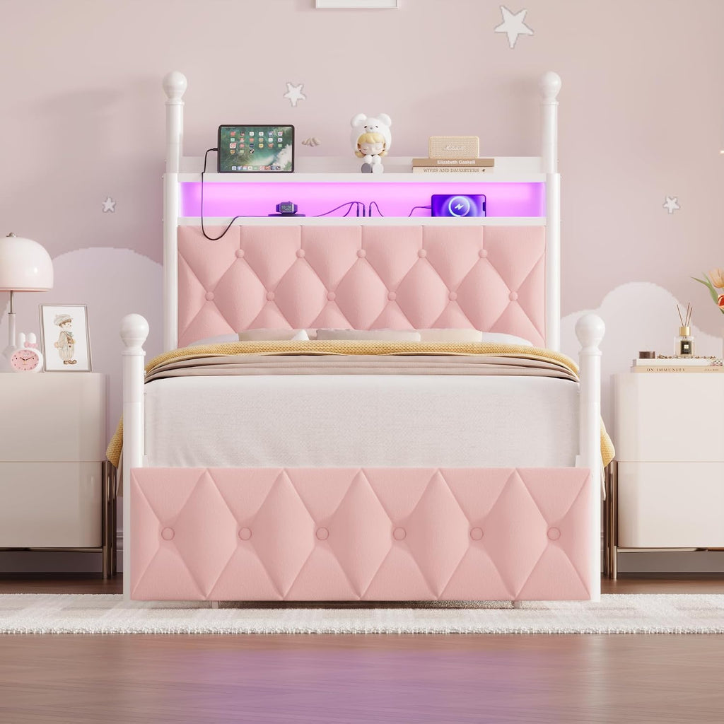 HIFIT Girls Twin Upholstered LED Canopy Bed Frame with Storage and Charging Station, Button Tufted Storage Headboard with Bookshelf, Two-Use Kids Metal Platform Bed w/4 Removable Post & 2 Drawer, Pink