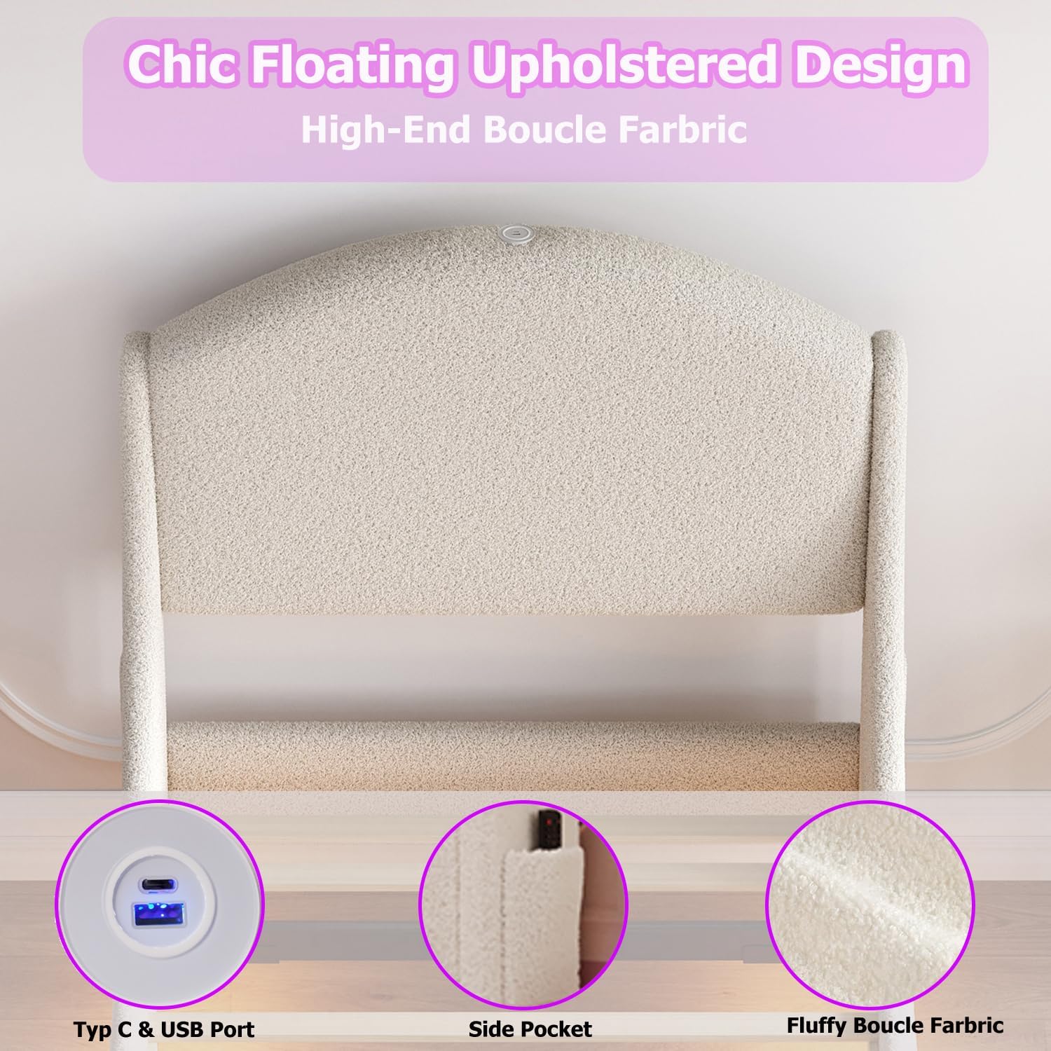 Ailisite Full Size Floating Bed Frame with LED Lights and Charging Port, Visual Floating LED Bed Frame with Curved Cloud Headboard, White Boucle Upholstered Platform Bed, Heavy Duty
