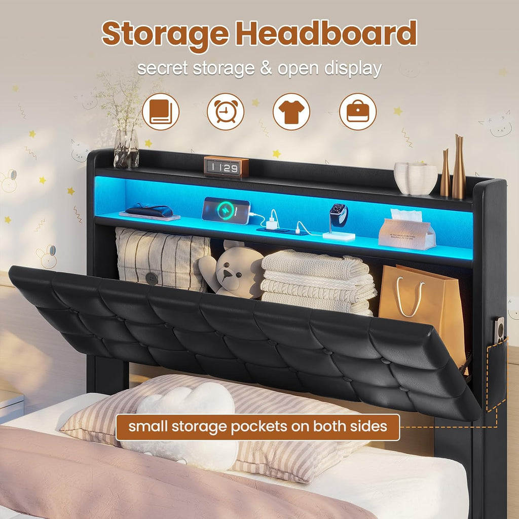 ADORNEVE Lift Up Storage Twin Bed Frame with Type-C Charging Station& Hidden Storage Headboard, LED Lights Upholstered Platform Bed, Twin Bed with Hydraulic, No Box Spring Needed,Black