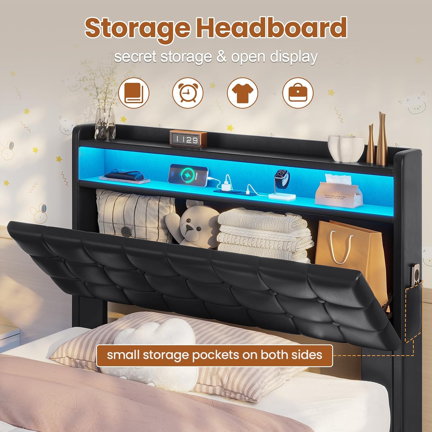 ADORNEVE Lift Up Storage Twin Bed Frame with Type-C Charging Station& Hidden Storage Headboard, LED Lights Upholstered Platform Bed, Twin Bed with Hydraulic, No Box Spring Needed,Black