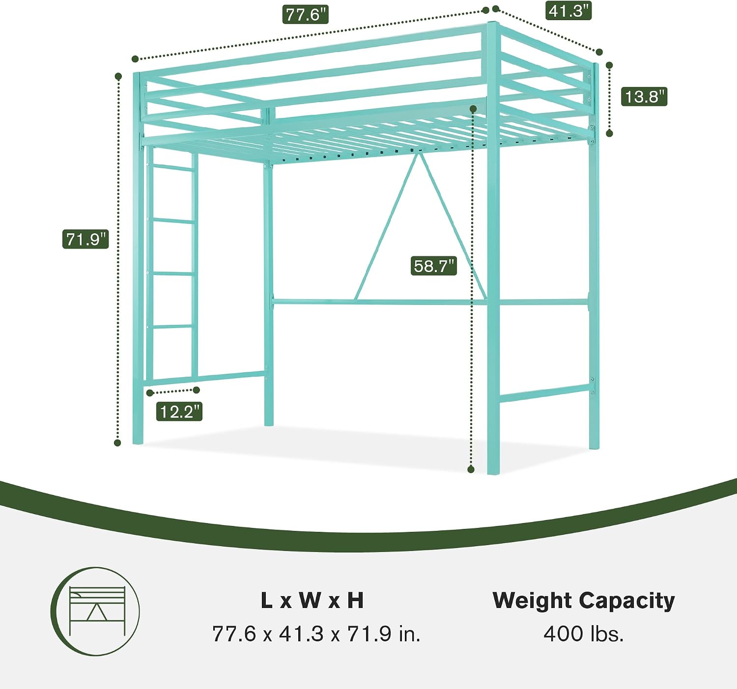 MUTICOR Twin Loft Bed Frame for Juniors and Adults with Safety Guardrail and Ladder,Metal Slats Support, Small Space Saving Furniture for Bedroom Kids Room and Dorm,Aqua Green