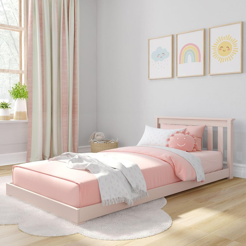 Max & Lily Classic Twin Floor Bed, 79.75 Inches, Solid Wood Low Bed Frame for Kids, Modern Floor Bed for Bedroom, Blossom
