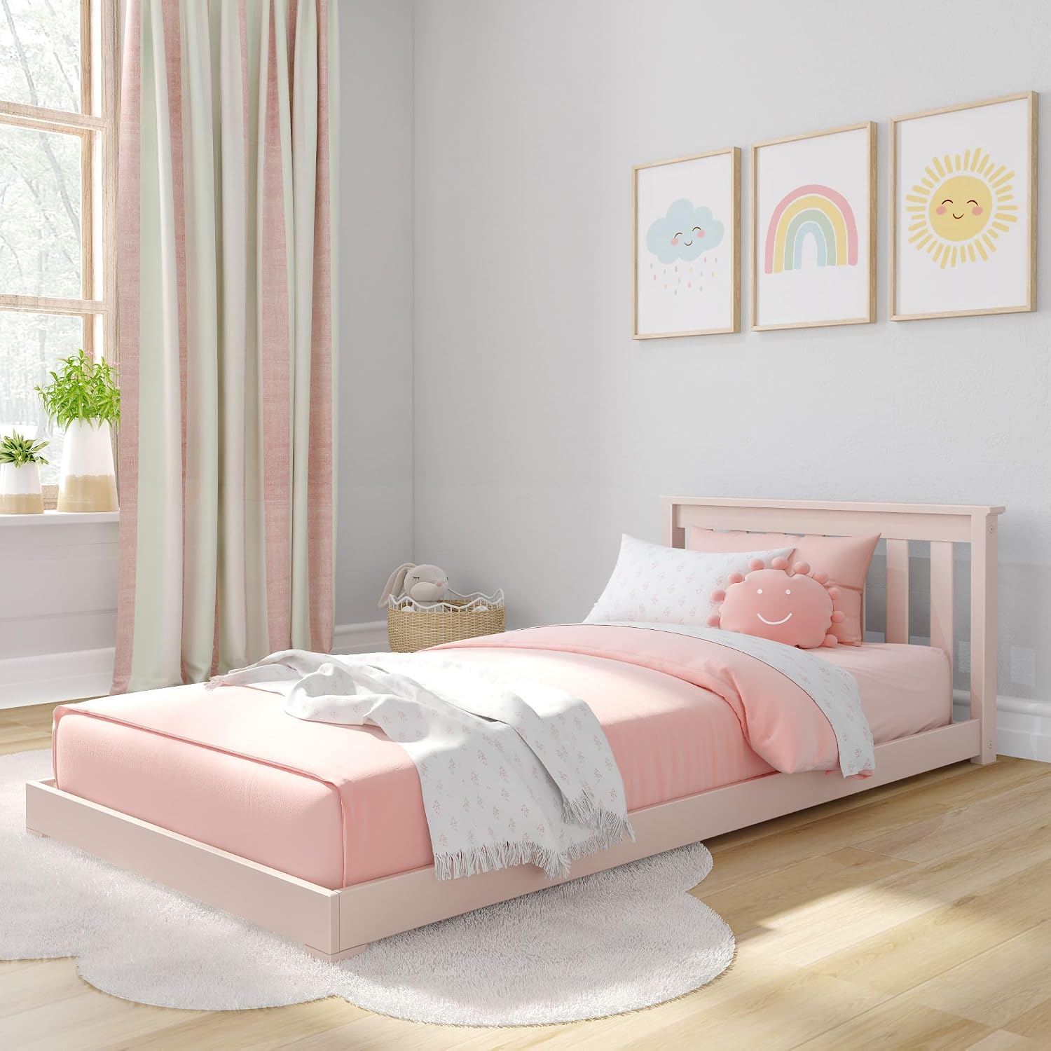 Max & Lily Classic Twin Floor Bed, 79.75 Inches, Solid Wood Low Bed Frame for Kids, Modern Floor Bed for Bedroom, Blossom