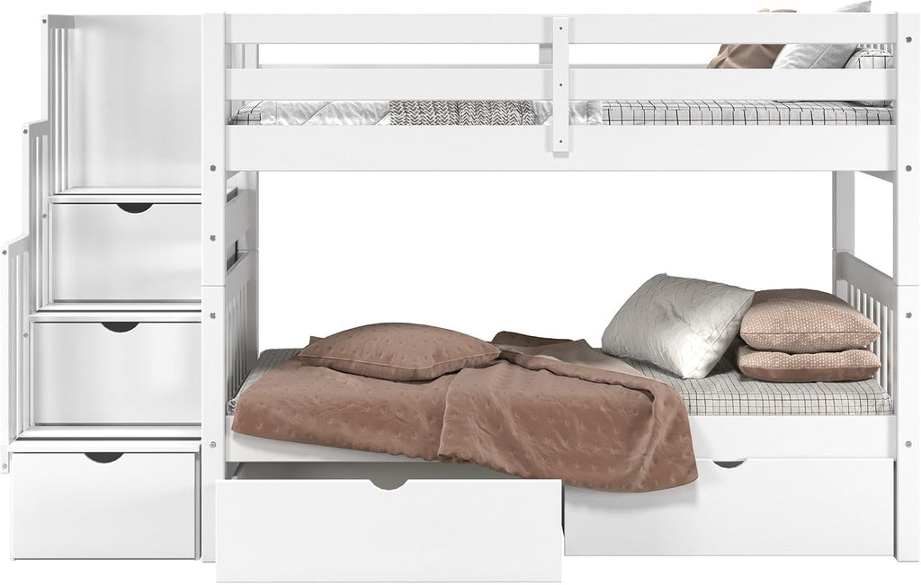 Bedz King Stairway Bunk Beds Twin Over Twin, 3 Step Drawers, 2 Storage Drawers, White