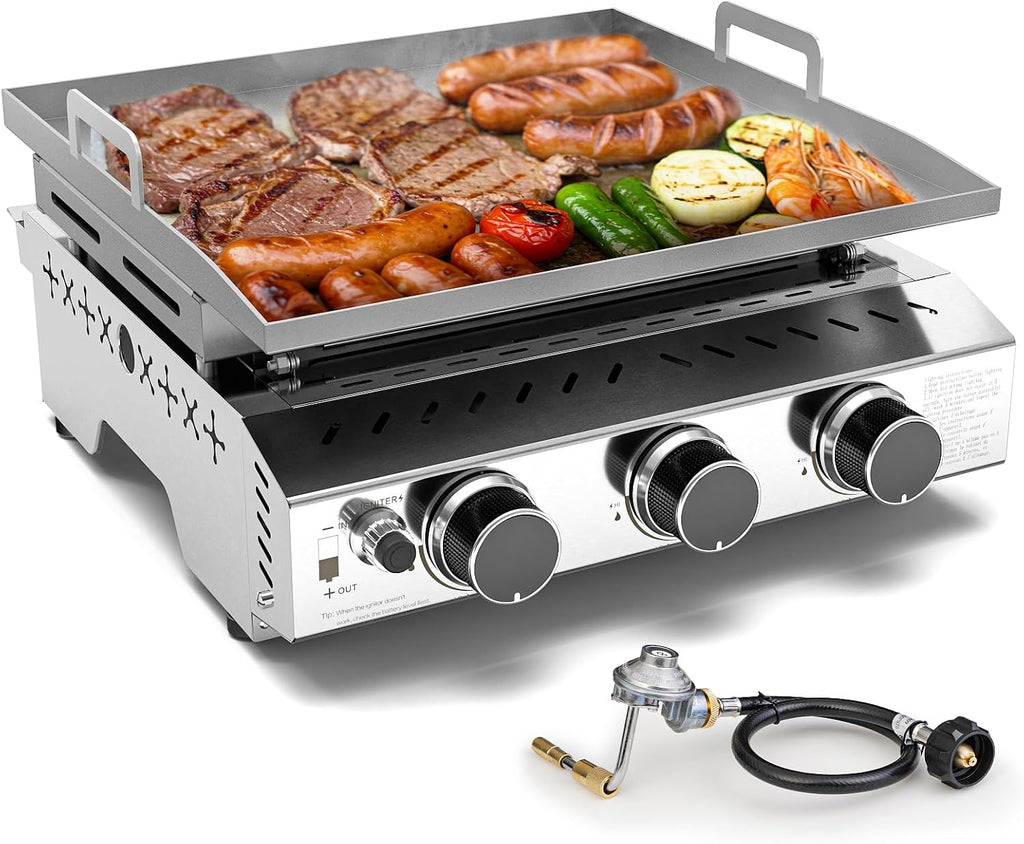 WAA 24000BTU Portable Propane Griddle, Tabletop Portable Propane Gas Grill with 3 Burners, Stainless Steel Flat Top Grill, Outdoor Cooking for Tailgating, Camping, RVs, BBQ, Patio, Silver
