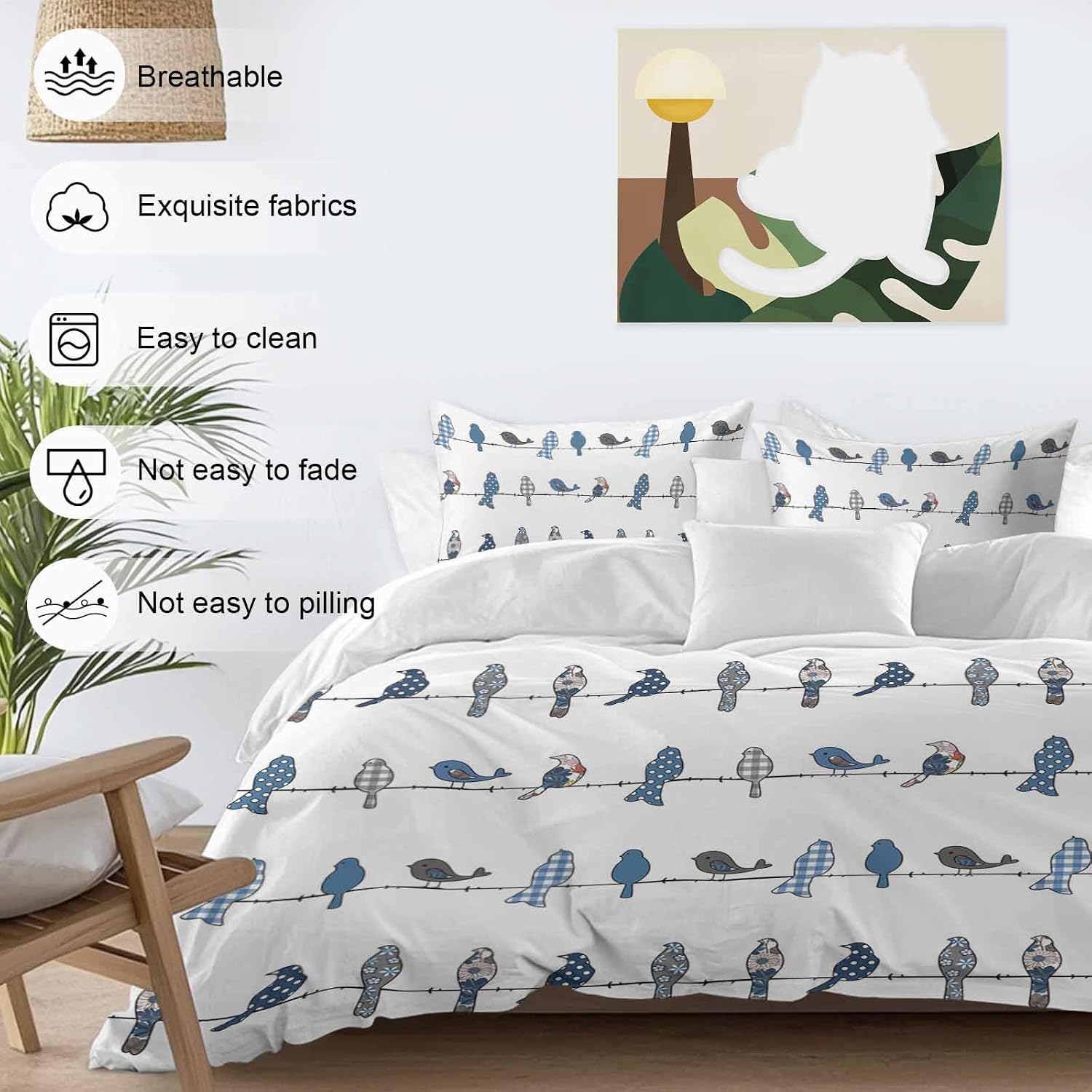 Prime Leader Birds on the Wire Blue Grey Duvet Cover Set Queen Size 4 Pieces Bedding Set with Zipper Closure, 1 Comforter Cover 86x86 Inches 1 Flat Sheet & 2 Pillow Cases