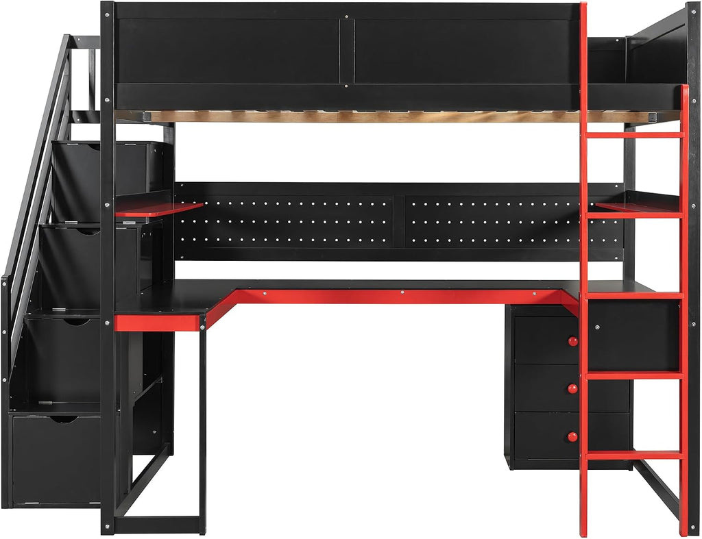 Ball & Cast Gaming Full Size Loft Bed with Storage Stairs,Wood Gamer Loft Bed Frame W/Desk,Shelves and Pegboard,High Loft Bed W/Full-Length Guardrail,Bedroom Furniture for Student Dorms,Black+Red