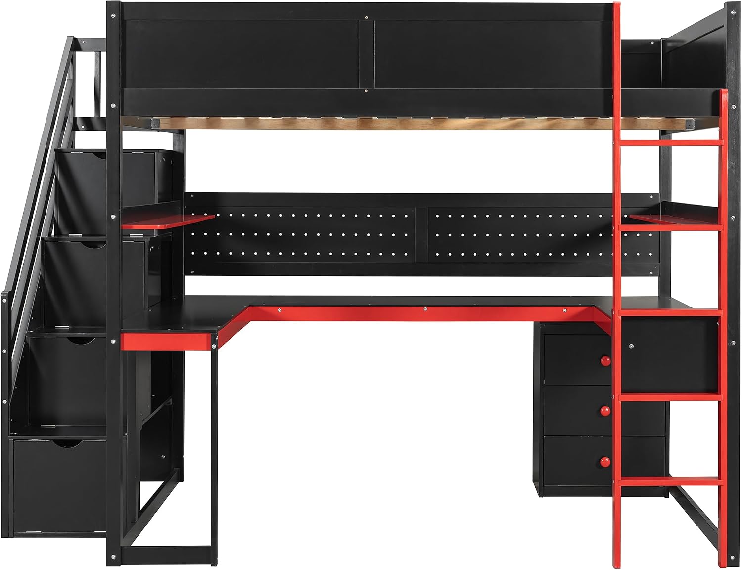 Ball & Cast Gaming Full Size Loft Bed with Storage Stairs,Wood Gamer Loft Bed Frame W/Desk,Shelves and Pegboard,High Loft Bed W/Full-Length Guardrail,Bedroom Furniture for Student Dorms,Black+Red