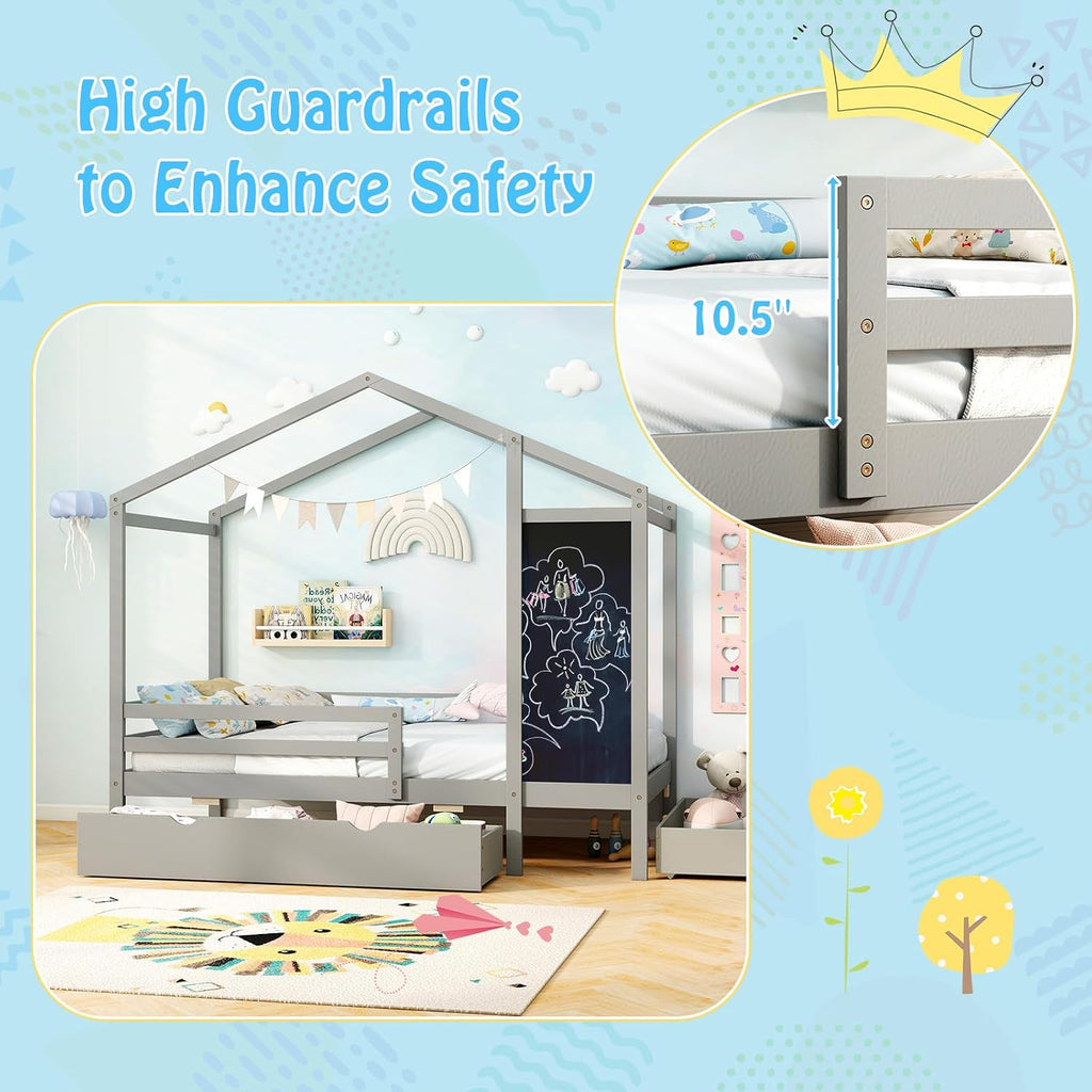 Giantex Twin Bed with 2 Storage Drawers, Solid Wood House Bed with Blackboard & Safety Guardrails, Twin House Bed w/Slats Support, No Box Spring Needed, Twin Bed Frames for Kids Girls Boys (Grey)