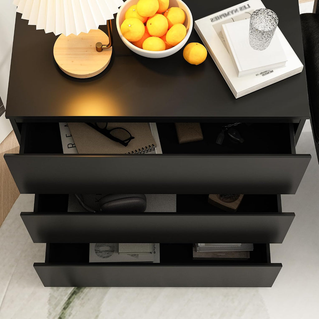 Nightstand with 3 Drawers, Modern Bedroom End Table with No Handle, Wooden Bedside Storage Cabinet, Black 30.3' W x 32.3' H