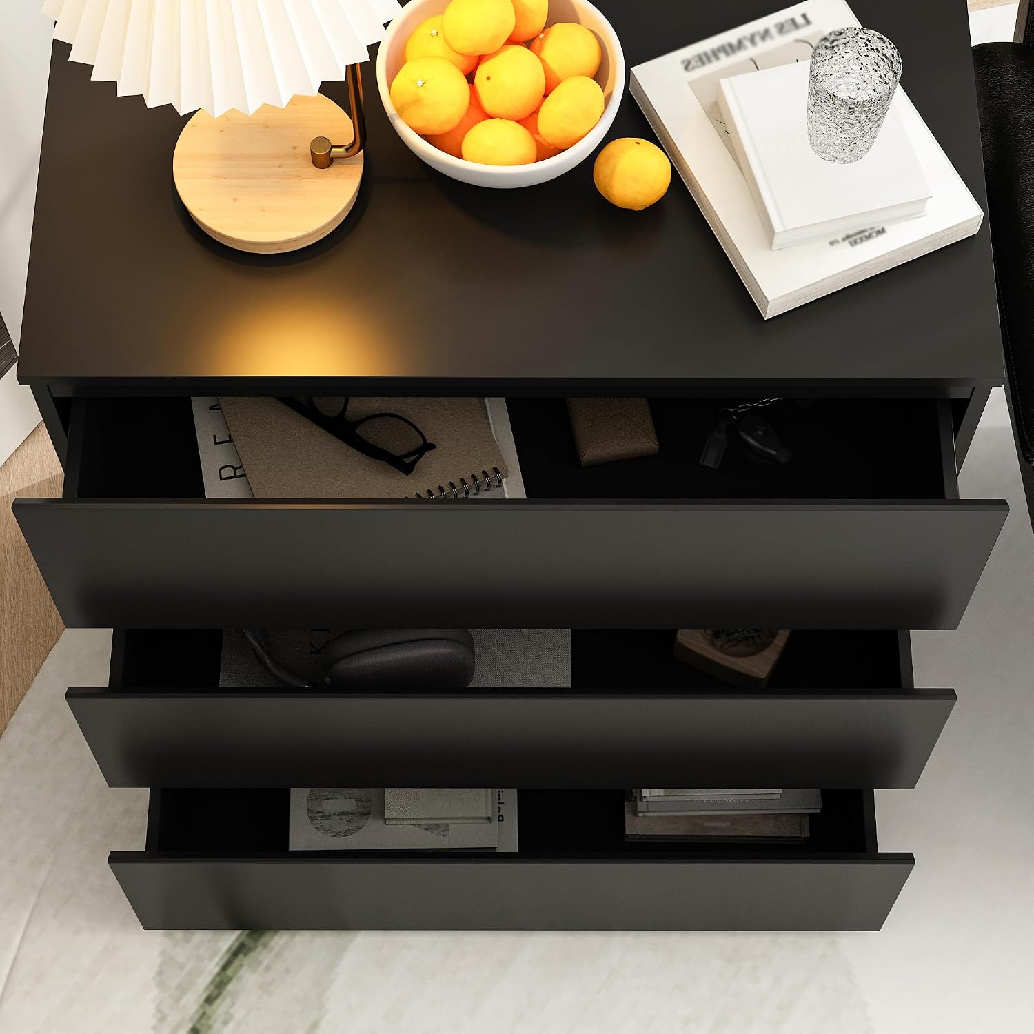 Nightstand with 3 Drawers, Modern Bedroom End Table with No Handle, Wooden Bedside Storage Cabinet, Black 30.3' W x 32.3' H
