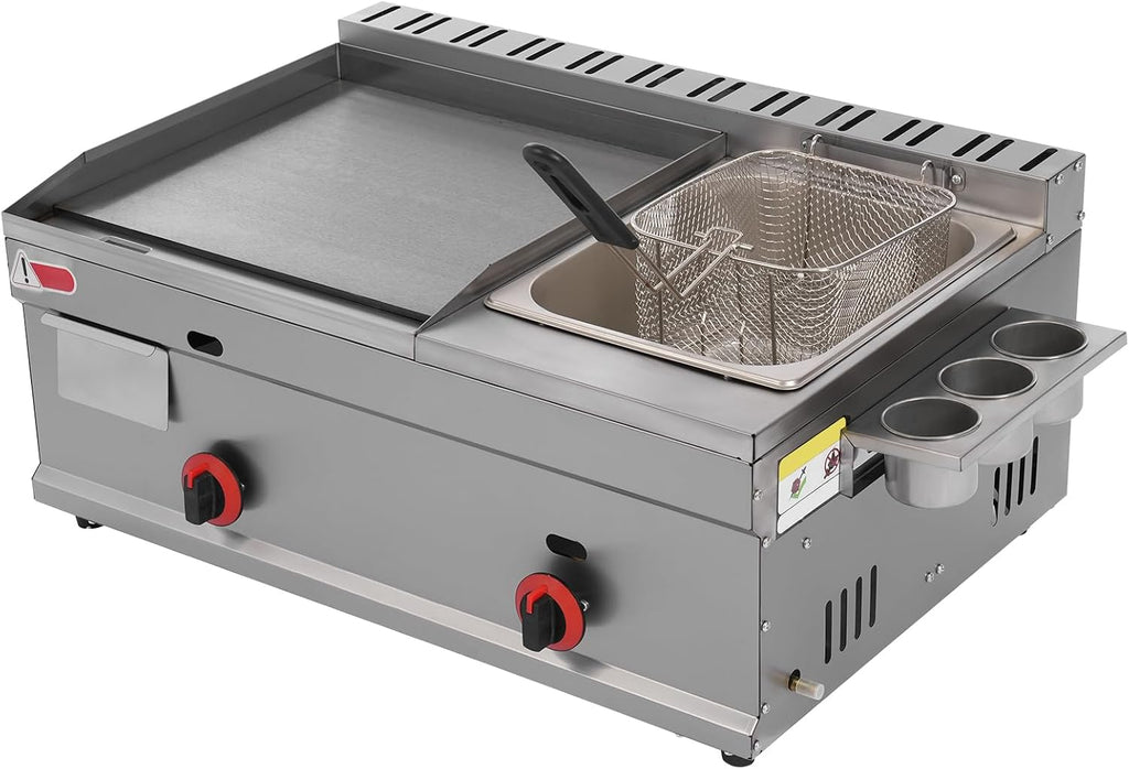 Commercial Gas Deep Fryer with Grill Plate, 1.59Gal Oil Pot Capacity Propane Griddle Flat Top Grill Stainless Steel Double Burner Tabletop Griddle and Deep Fryer for Home Kitchen