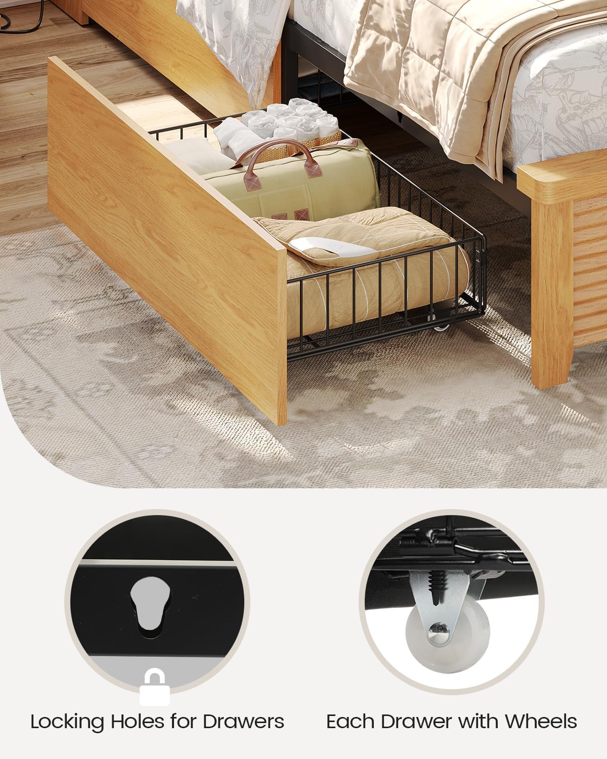 VIAGDO Wood Bed Frame Queen Size with 4 Storage Drawers & Bookcase Headboard, Led Wooden Queen Bed Frame with Charging Station,No Box Spring Needed,Wood