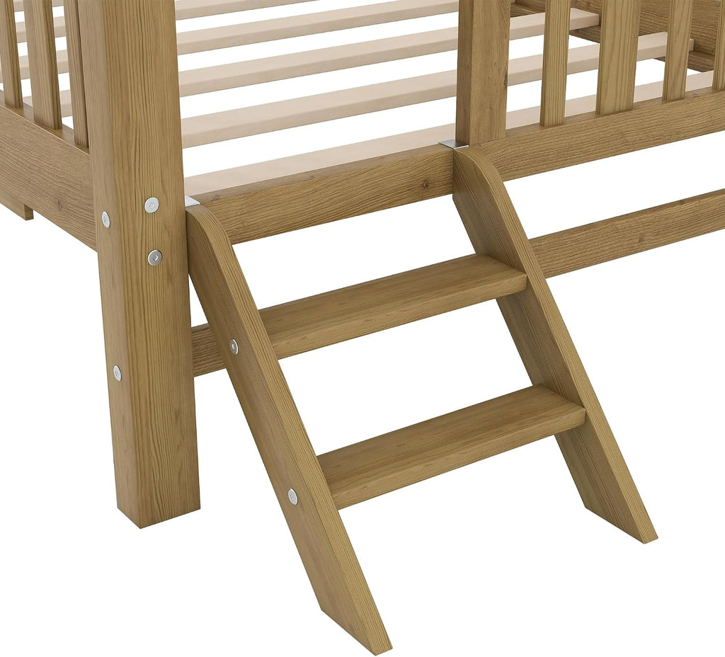 VilroCaz Twin Size Platform Bed with Guardrail and Trundle, Wood Kids Platform Bed Frame with Two-Step Ladder for Boys Girls, Sturdy Slats Support (Walnut-1.26T)