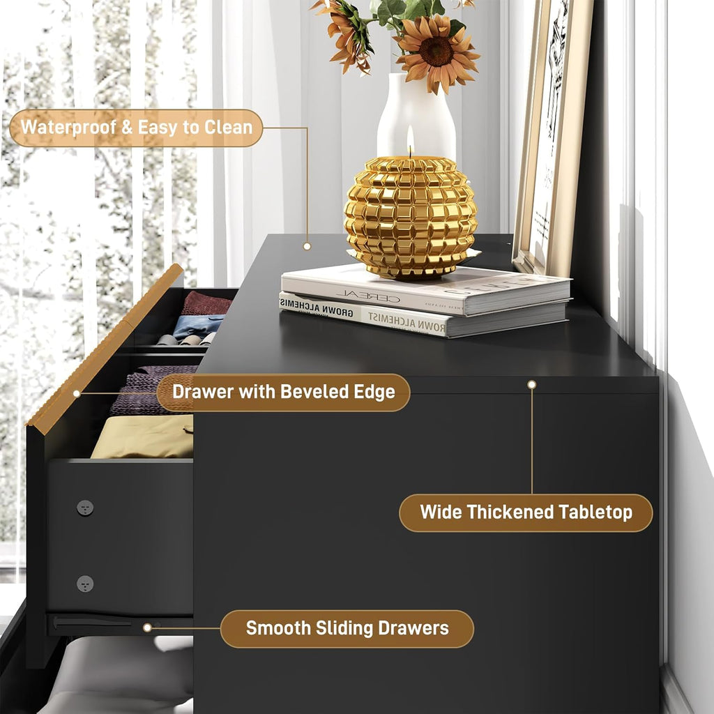 jiteentarou Black Malm High Gloss Dresser for Bedroom, 47' Wide 41' Tall Dresser with 8 Drawers, Modern Large Wood Chest of Drawer Handle Free, Living Room, Entryway, Hallway, Black