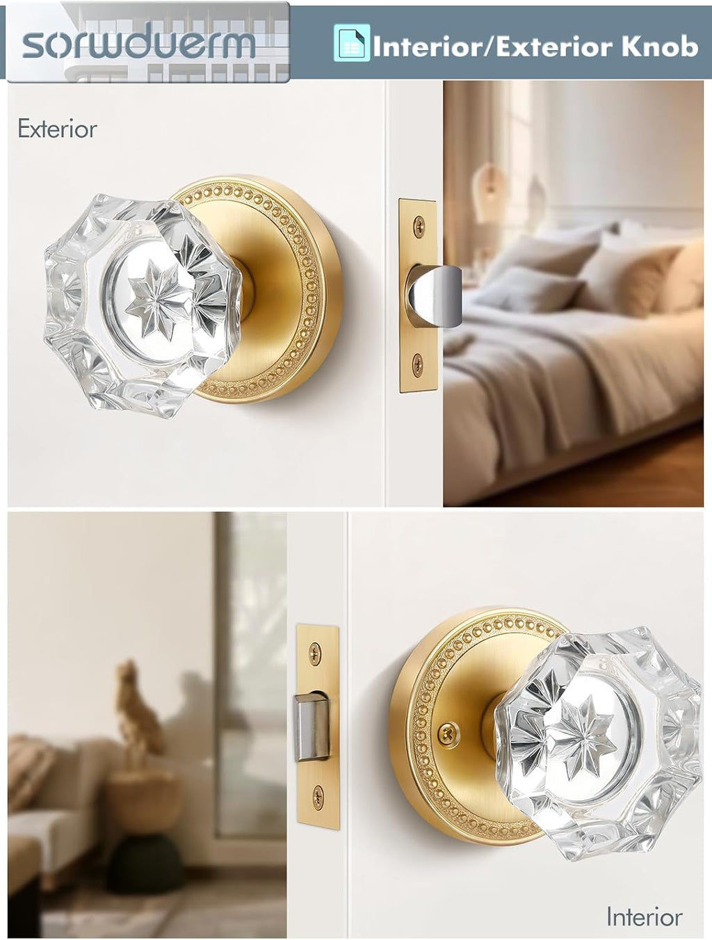 Gold Door Knobs Crystal Door Knob Brushed Gold Passage Door Knobs Glass Satin Brass Interior Door Handles for Hall and Closet 1 Pack