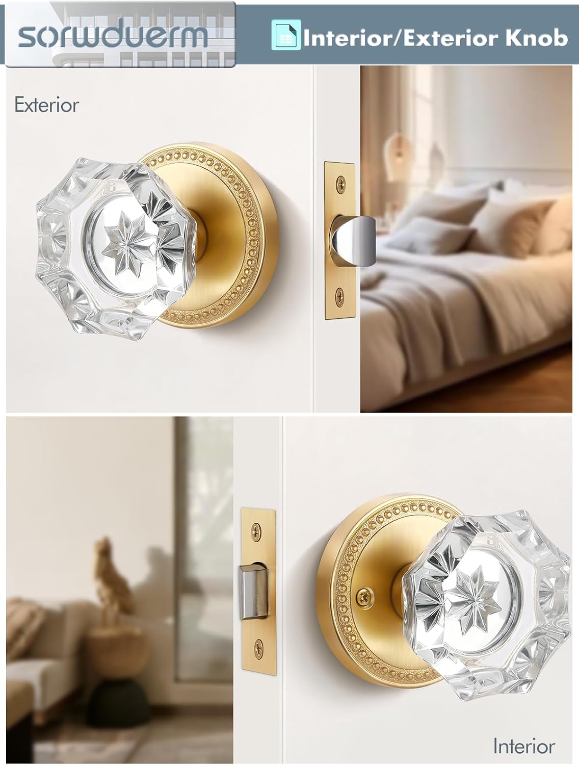 Gold Door Knobs Crystal Door Knob Brushed Gold Passage Door Knobs Glass Satin Brass Interior Door Handles for Hall and Closet 1 Pack