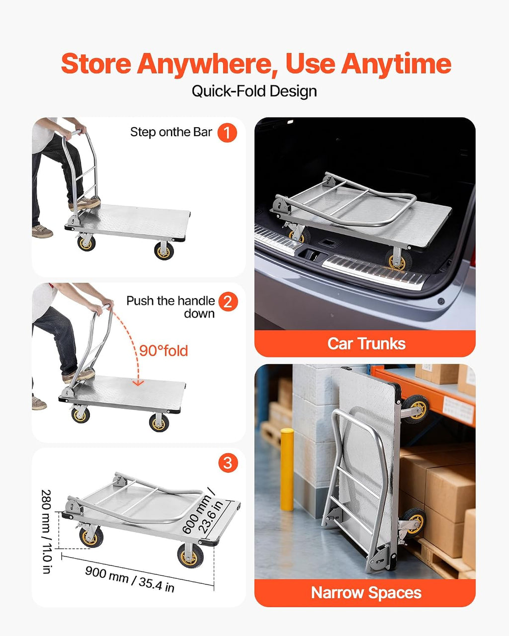VEVOR Heavy Duty Platform Truck, 2000 LBS Steel Large Flatbed Cart with 360° Swivel Wheels & Brakes, Foldable Platform Hand Push Truck Dolly for Easy Storag/Groceries/Garage/Warehouse (36' X 24')