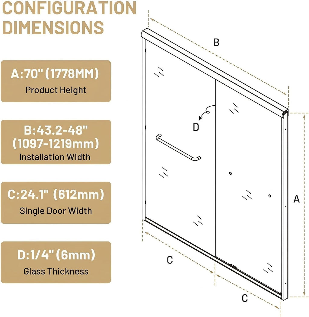 Findepot 44-48' W x 70' H Double Sliding Shower Door, Semi-Frameless Shower Door with 1/4'(6mm) Clear Tempered Glass, Silent Soft-Close Door for Walk-in Shower, Matt Black