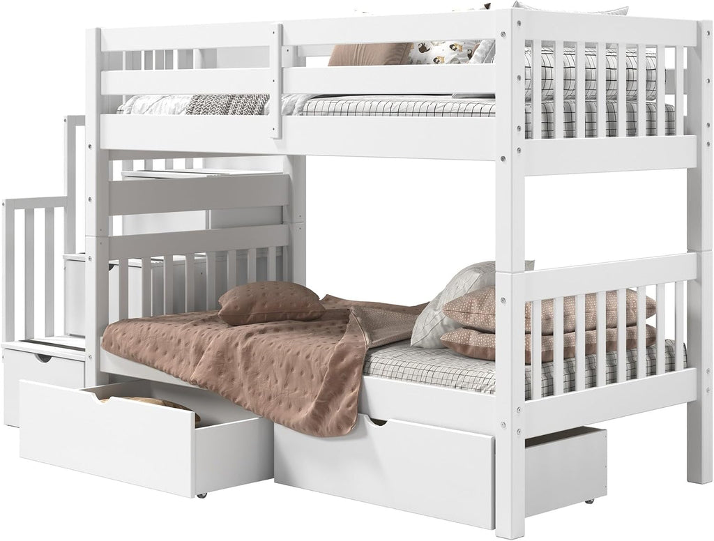 Bedz King Stairway Bunk Beds Twin Over Twin, 3 Step Drawers, 2 Storage Drawers, White