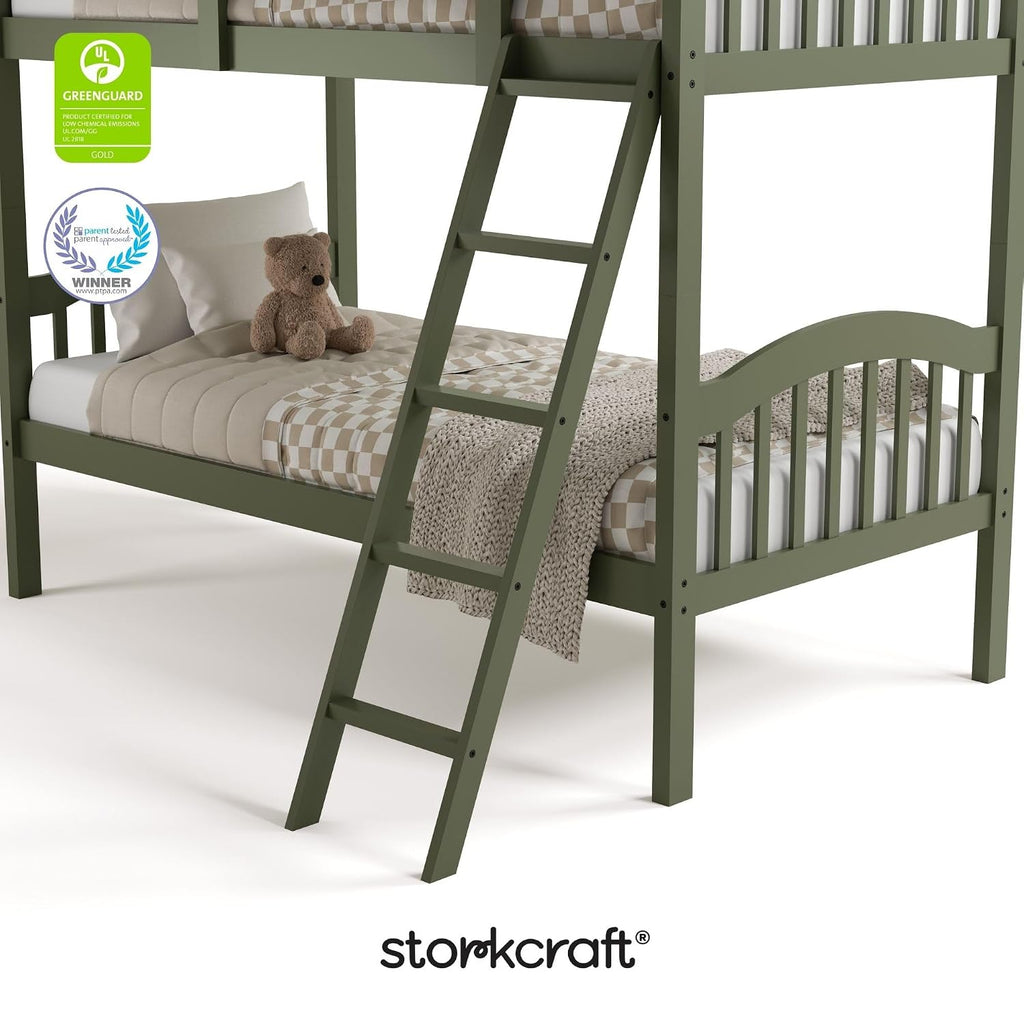 Storkcraft Long Horn Twin-Over-Twin Bunk Bed (Olive) - GREENGUARD Gold Certified, Converts to Two Twin Beds, Wood Bunk Bed for Kids Bedroom