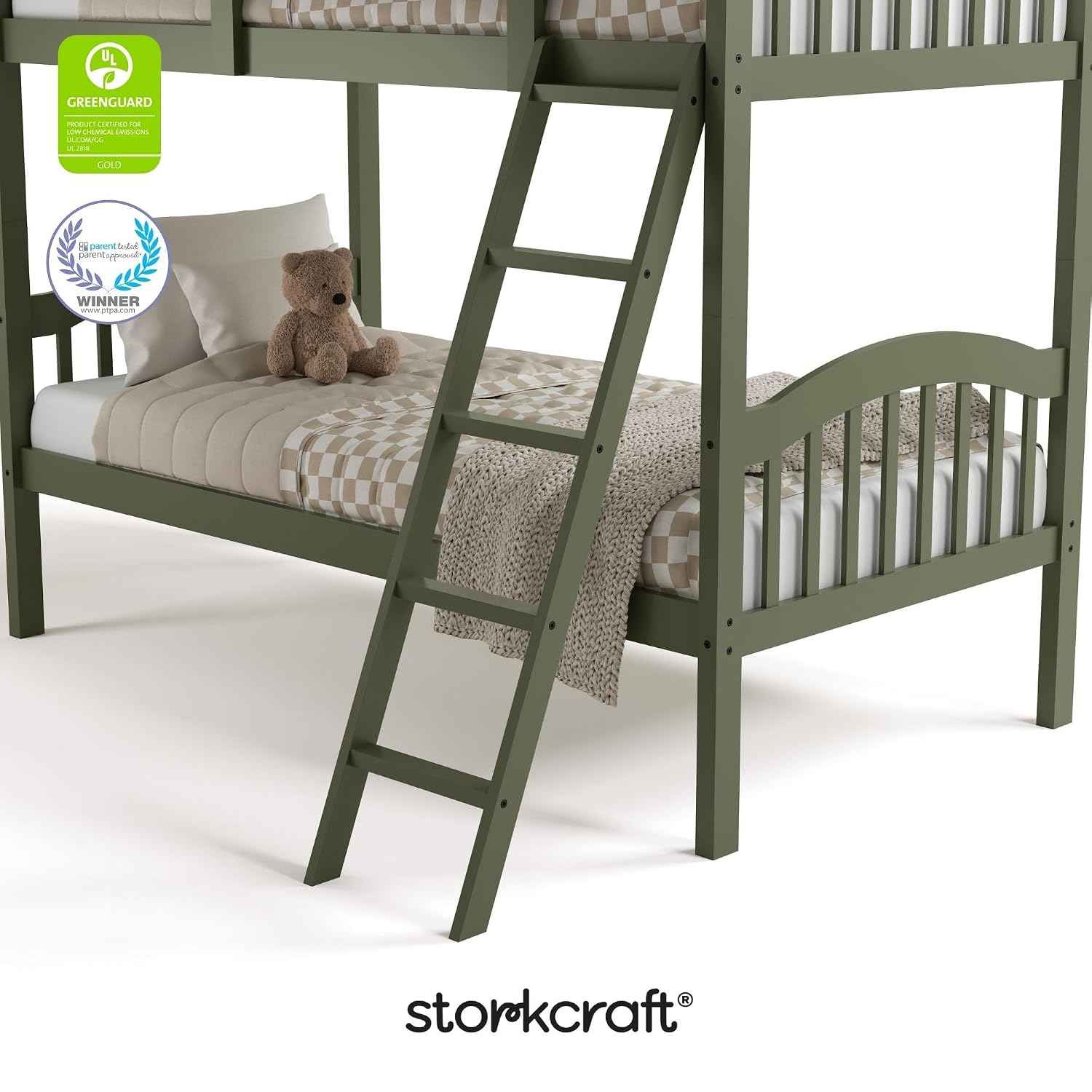 Storkcraft Long Horn Twin-Over-Twin Bunk Bed (Olive) - GREENGUARD Gold Certified, Converts to Two Twin Beds, Wood Bunk Bed for Kids Bedroom