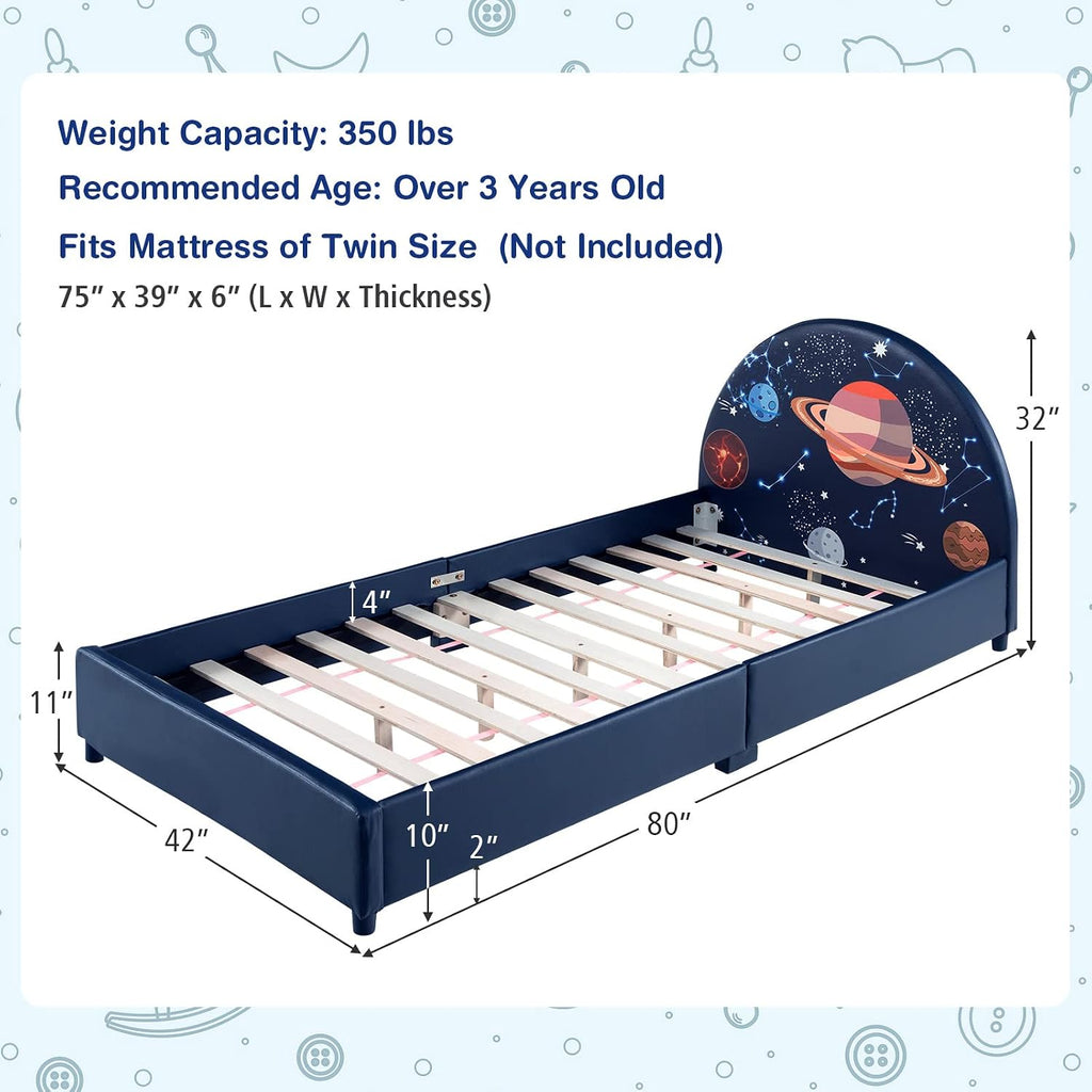 Costzon Twin Bed Frames for Kids, Wood Upholstered Twin Bed Platform with Slat Support, Padded Headboard&Footboard, No Box Spring Needed, Easy Assembly, Fits Standard Twin Mattress (Planet)