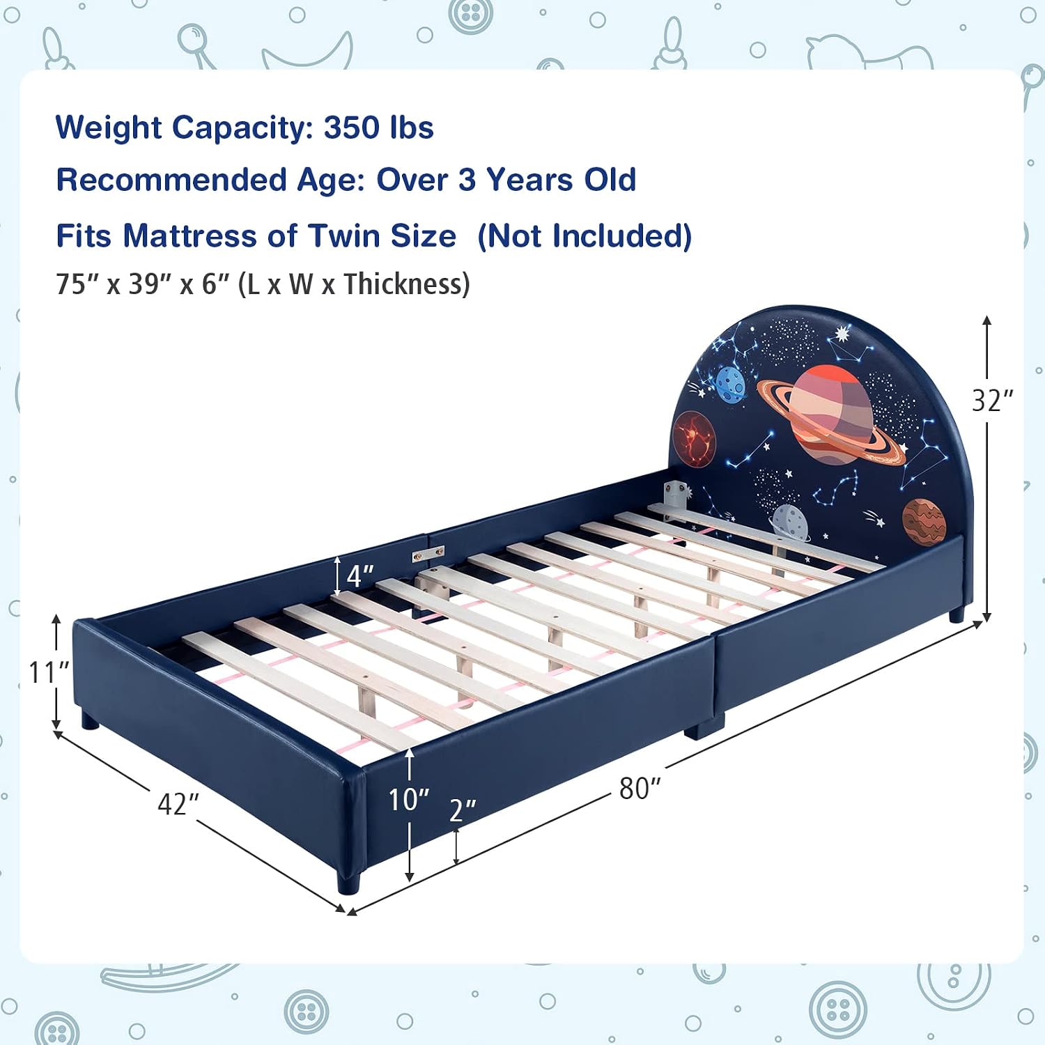 Costzon Twin Bed Frames for Kids, Wood Upholstered Twin Bed Platform with Slat Support, Padded Headboard&Footboard, No Box Spring Needed, Easy Assembly, Fits Standard Twin Mattress (Planet)