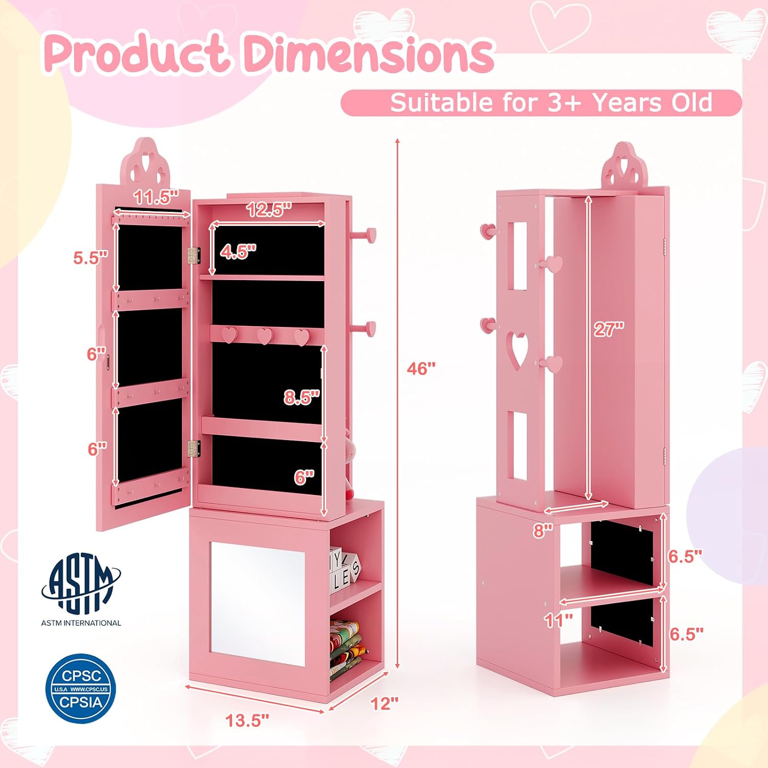 Costzon Kids Vanity & Jewelry Armoire Cabinet, Wooden Vanity Table and Chair Set, Standing Jewelry Organizer with Full-Length Mirror, Large Storage, Kids Bedroom Furniture Set for Girls (Pink)