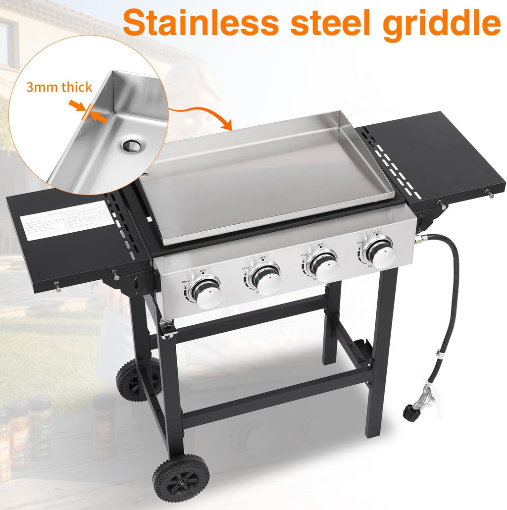 Flat Top Gas Griddle Grill with Stainless Steel Griddle, Includes Dust Cover & Regulator, Perfect for Camping & Tailgating (4-Burner)
