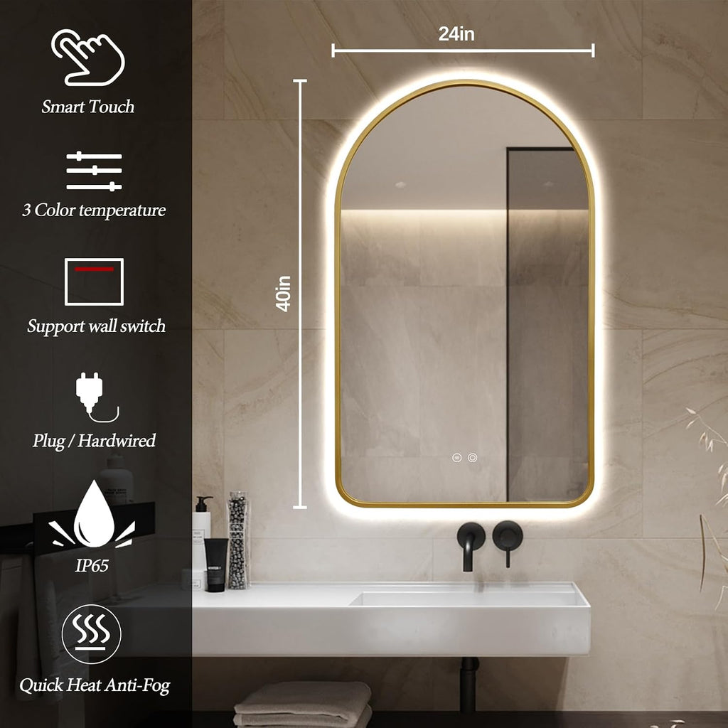 Arched LED Bathroom Mirror, 40'x24' Arch Backlit Mirror with Light Vanity Mirror for Wall Gold Frame, Anti-Fog, 3 Colors, Dimmable, Adjustable Brightness, Memory Function, IP65 Waterproof, Vertical