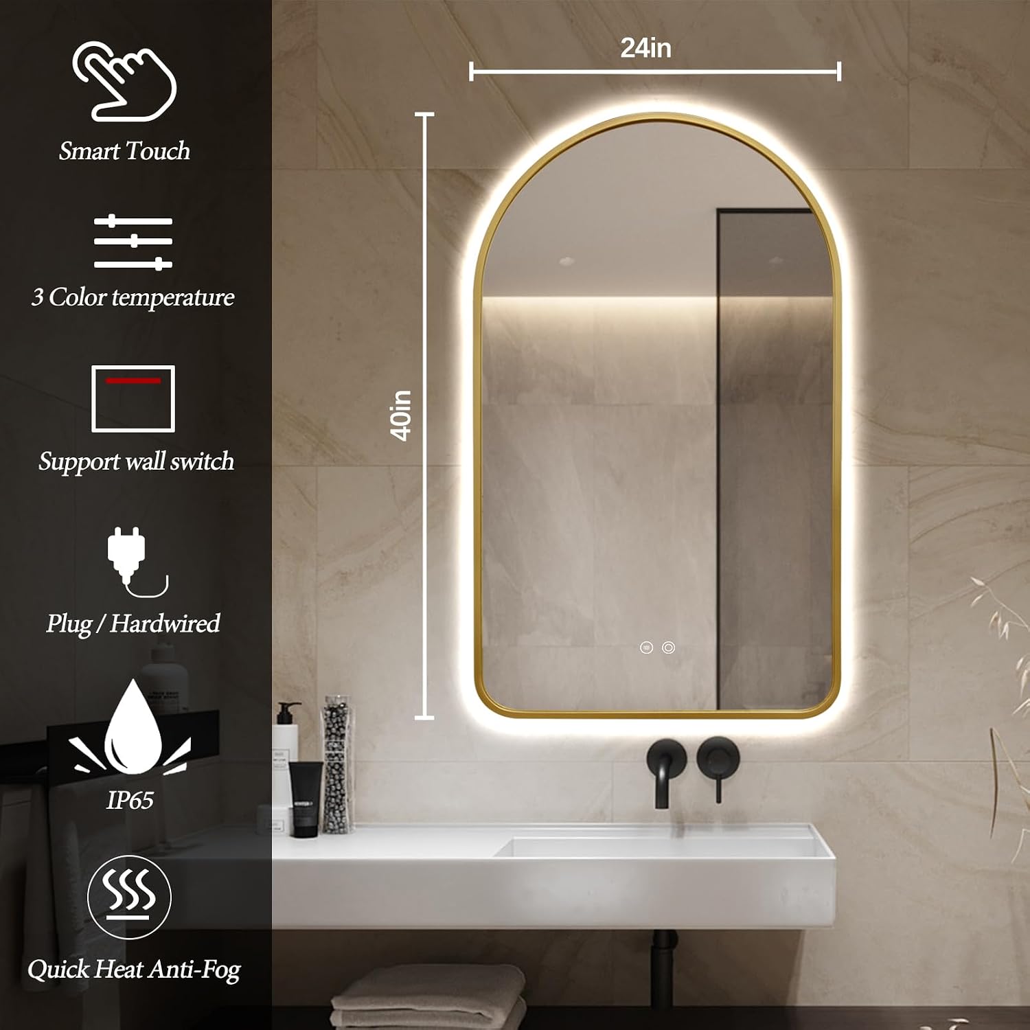 Arched LED Bathroom Mirror, 40'x24' Arch Backlit Mirror with Light Vanity Mirror for Wall Gold Frame, Anti-Fog, 3 Colors, Dimmable, Adjustable Brightness, Memory Function, IP65 Waterproof, Vertical