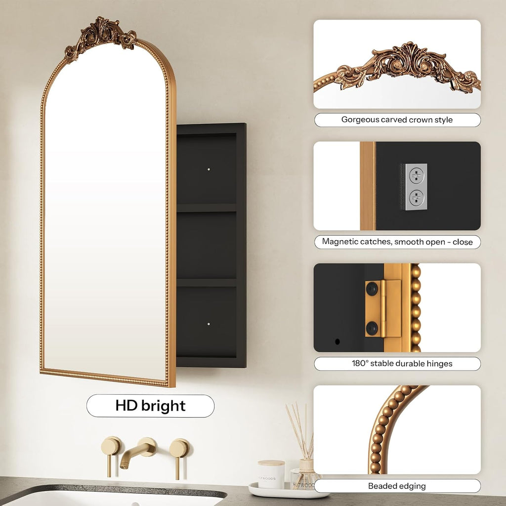 24x35 Inch Medicine Cabinets for Bathroom, Bronze Arched Medicine Cabinet with Mirror, Recessed or Surface Mount Medicine Cabinet Mirror，Premium All-Metal Frame&Body, Easy Assembly, Gold