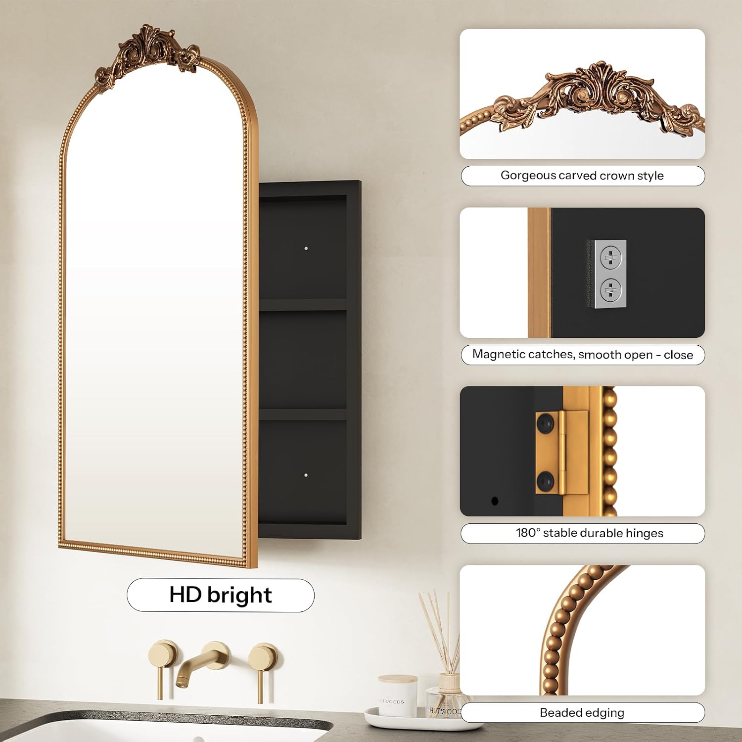 24x35 Inch Medicine Cabinets for Bathroom, Bronze Arched Medicine Cabinet with Mirror, Recessed or Surface Mount Medicine Cabinet Mirror，Premium All-Metal Frame&Body, Easy Assembly, Gold