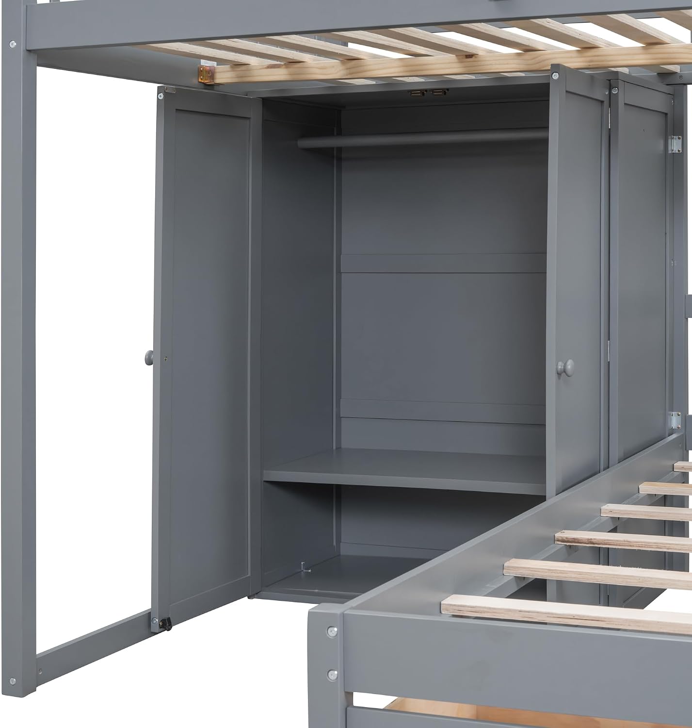 Ball & Cast Full Over Twin Bunk Bed with Safty Guardrail & Storage Stair,Wood Loft Bedframe W/Wardrobe & Drawers,Space-Saving Design,Easy Assembly,Versatile Furniture for Boys Girls Teen Bedroom,Gray
