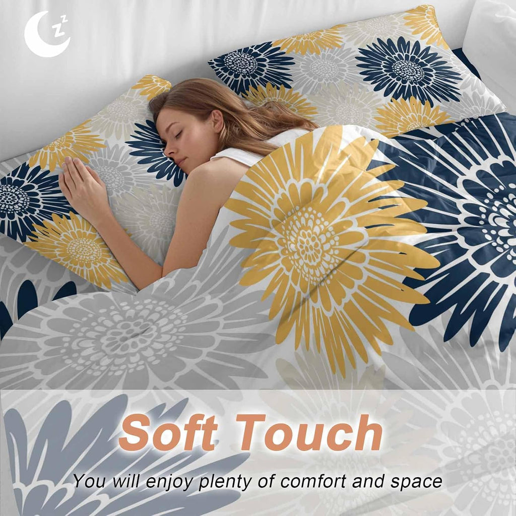 Navy Blue Gray Yellow Sunflowers Duvet Cover Set Queen Size 4 Pieces Abstract Blooming Floral Bedding Set with Zipper Closure, 1 Comforter Cover 92x106 Inches 1 Flat Sheet & 2 Pillow Cases