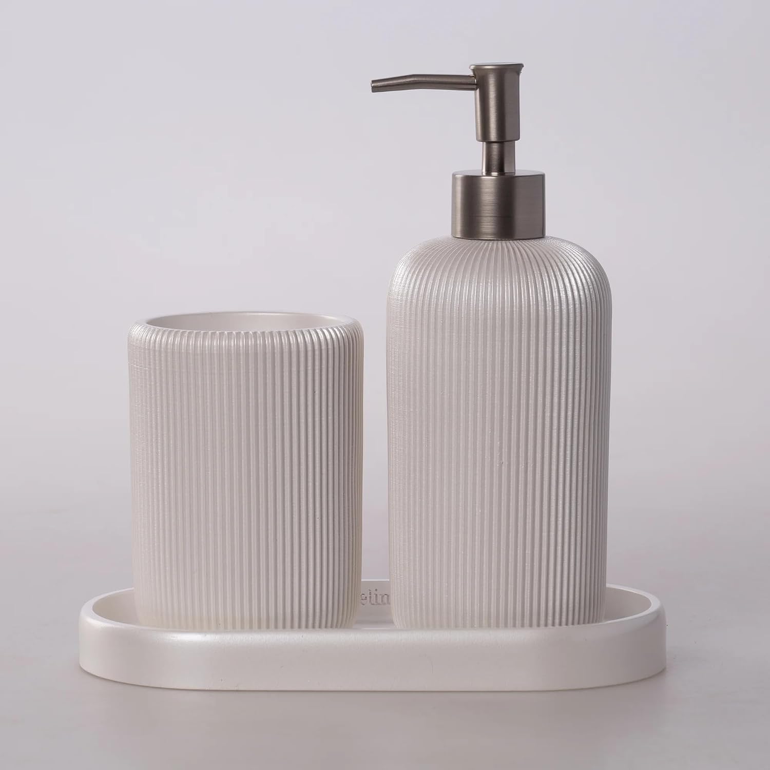 Lydia Collection 5-Piece Resin Bathroom Accessories Set – Toilet Brush Holder, Waste Bin, Soap Dispenser, Tray & Toothbrush Holder (Pearl)