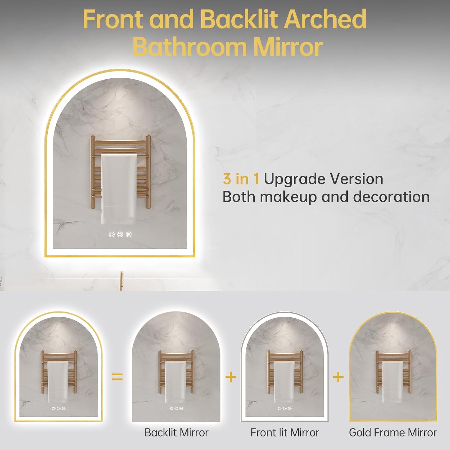 Arched LED Mirror for Bathroom 24'x30', Brushed Gold Lighted Bathroom Mirror with Lights, Fogless, Dimmable, Shatterproof, Touch Sensor, 3 Color Changing