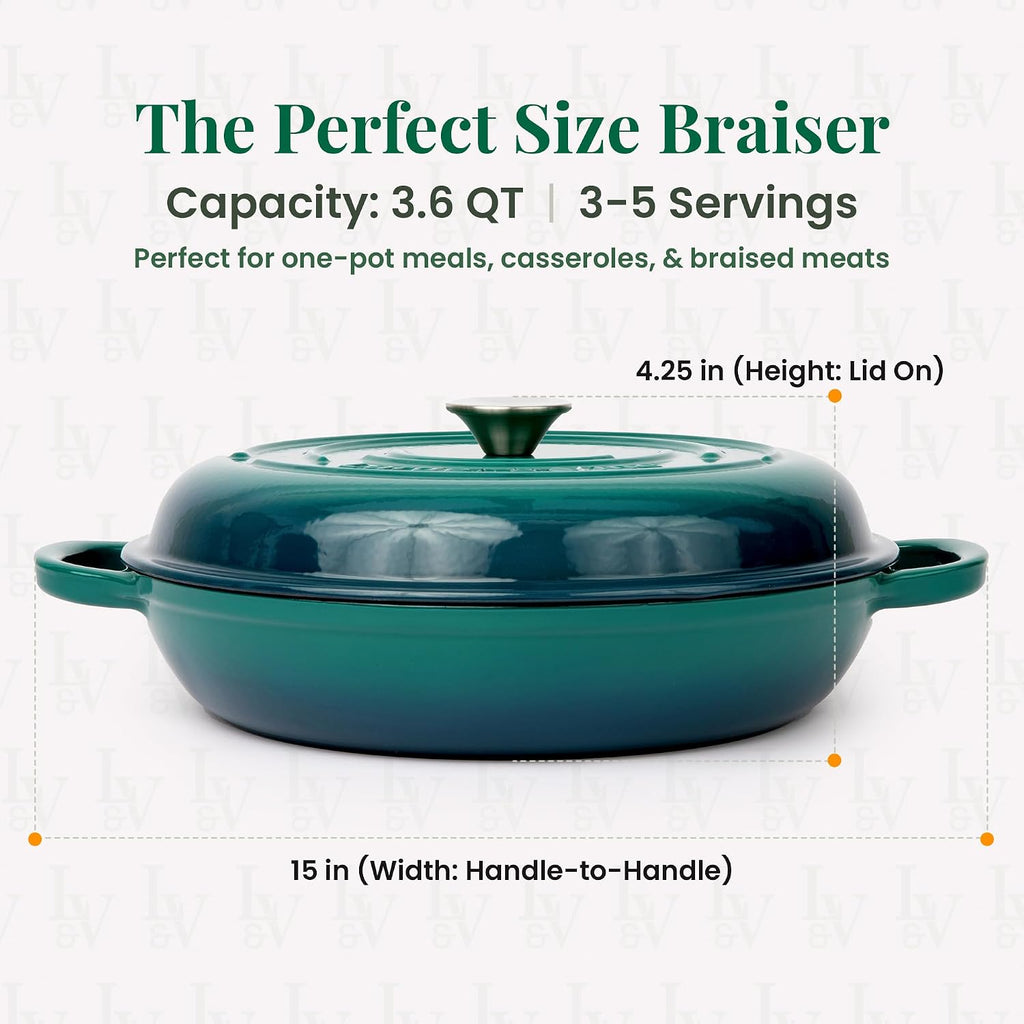Larder & Vine Enameled Cast Iron Braiser | 3.6 qt Braiser Pan with Lid | Shallow Dutch Oven Compatible on All Cooktops | Casserole Dish Oven Safe to 500° F | Dual Handles | Bondi
