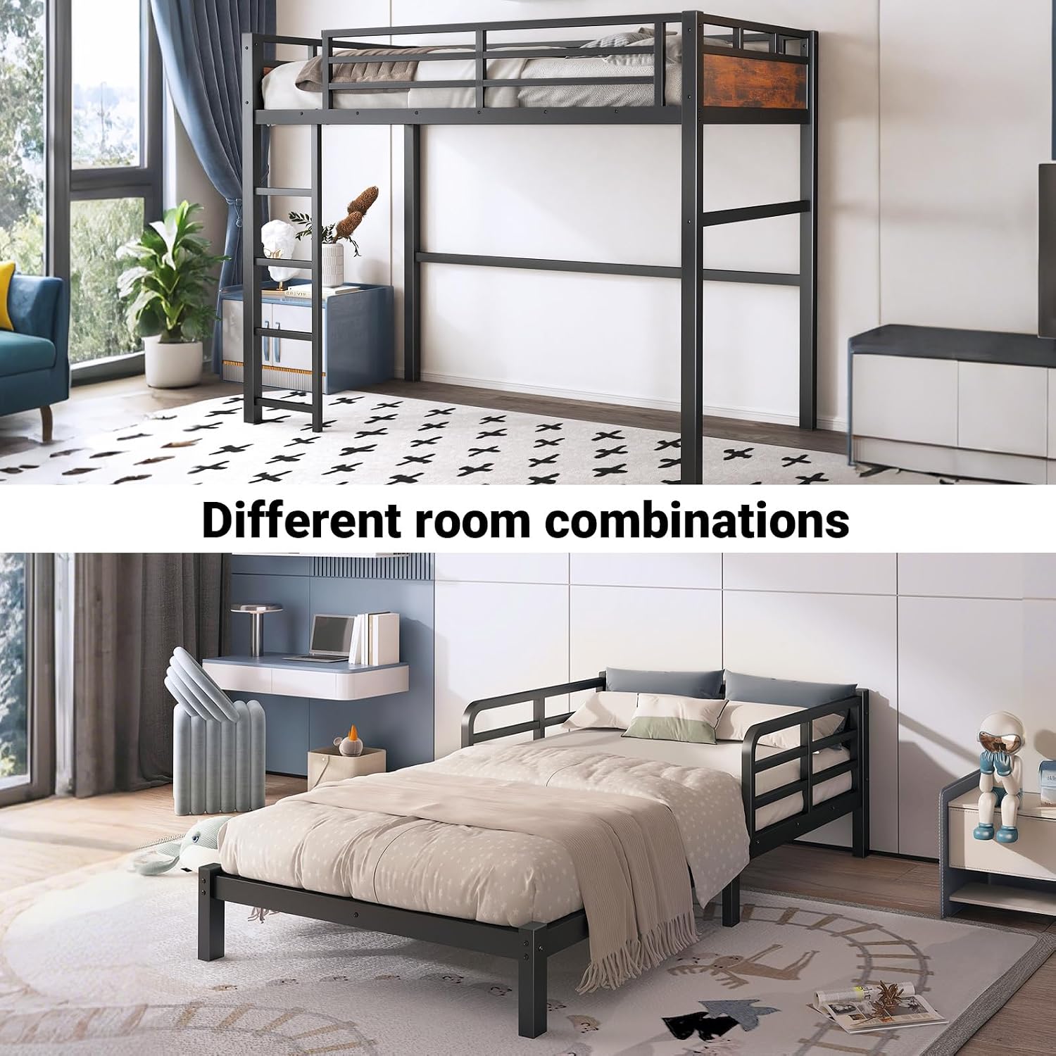 Twin XL Over Twin XL Bunk Bed, Convertible Metal Bunk Beds Can Separate into Loft Bed and Platform Bed, Heavy Duty Noise-Free Bed Frame with Safety Rails for Adults Teens Kids, Black