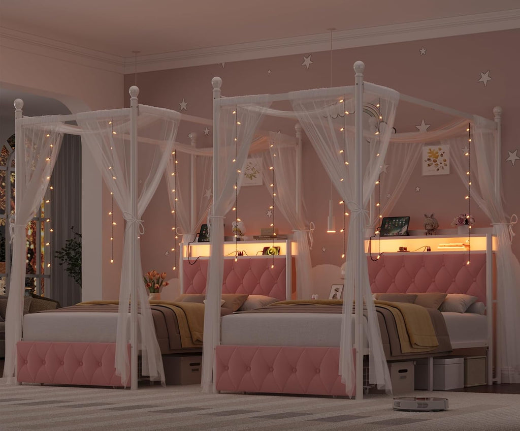 HIFIT Set of 2 Girls Twin Upholstered LED Canopy Bed Frame with Charging Station & Storage Drawer, Button Tufted Storage Headboard w/Bookshelf, Two-Use Kids Platform Bed frame w/4 Removable Post, Pink