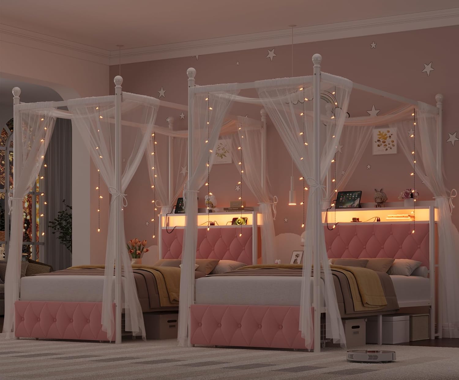 HIFIT Set of 2 Girls Twin Upholstered LED Canopy Bed Frame with Charging Station & Storage Drawer, Button Tufted Storage Headboard w/Bookshelf, Two-Use Kids Platform Bed frame w/4 Removable Post, Pink